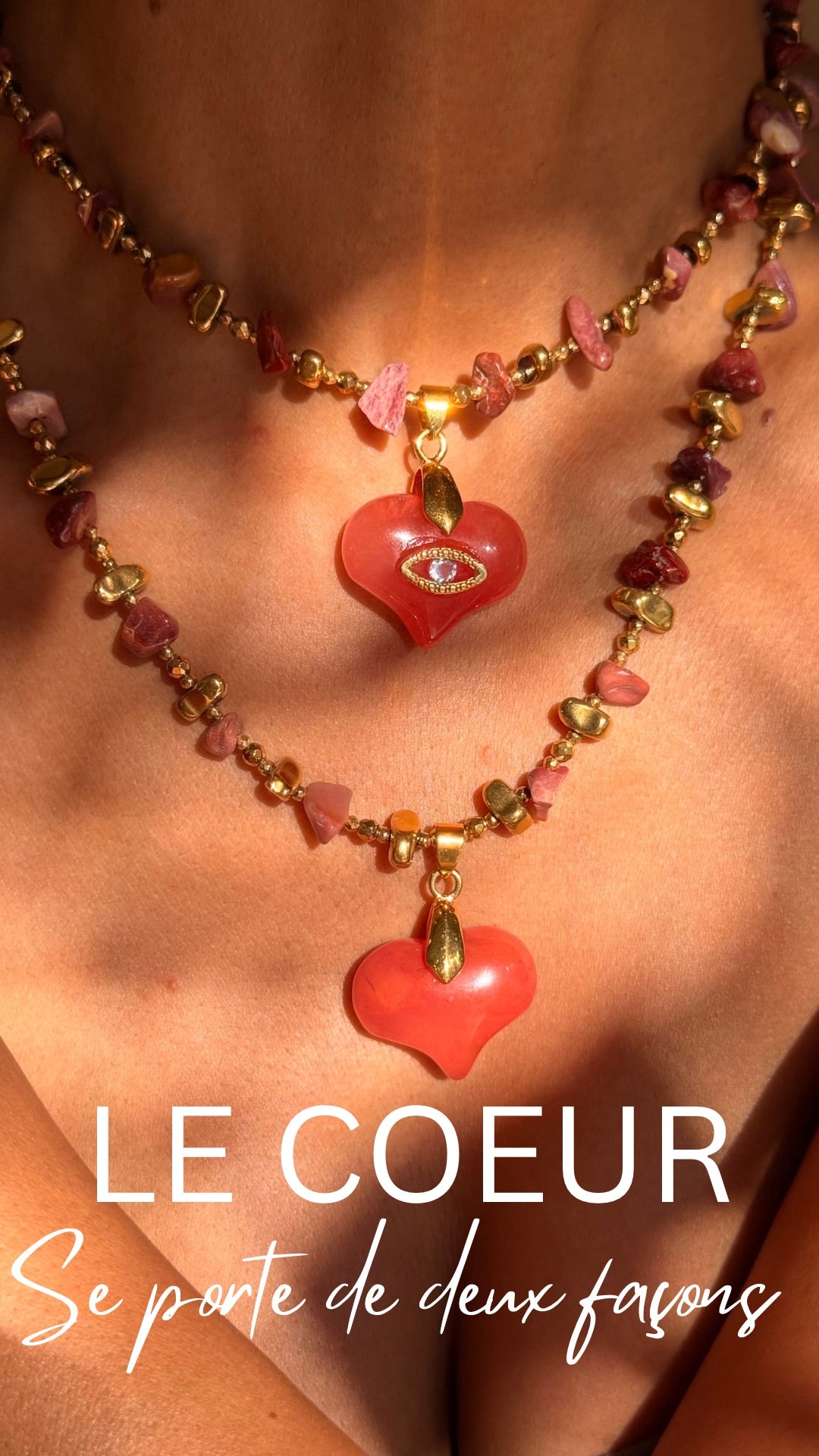 LOVE — Collier cœur oeil de protection en Quartz Fraise | Amour de soi