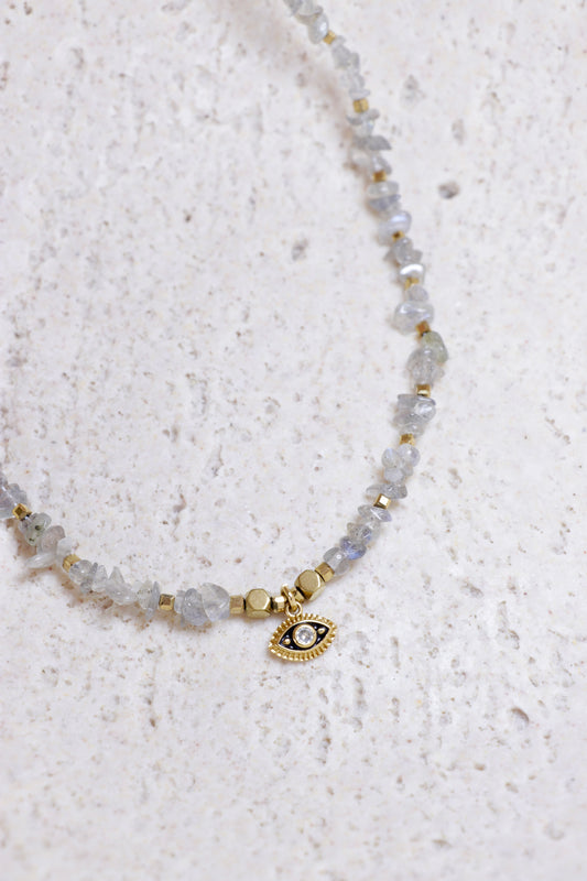 Collier Tour de Cou en Labradorite Pendentif Oeil de Protection – 45 cm