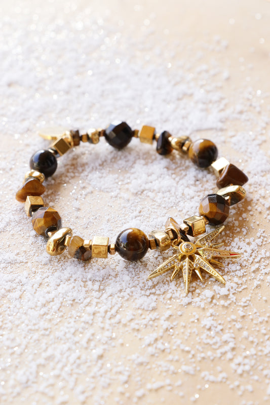 Bracelet VIRYA Confiance & Protection en Oeil de Tigre pendentif demi soleil