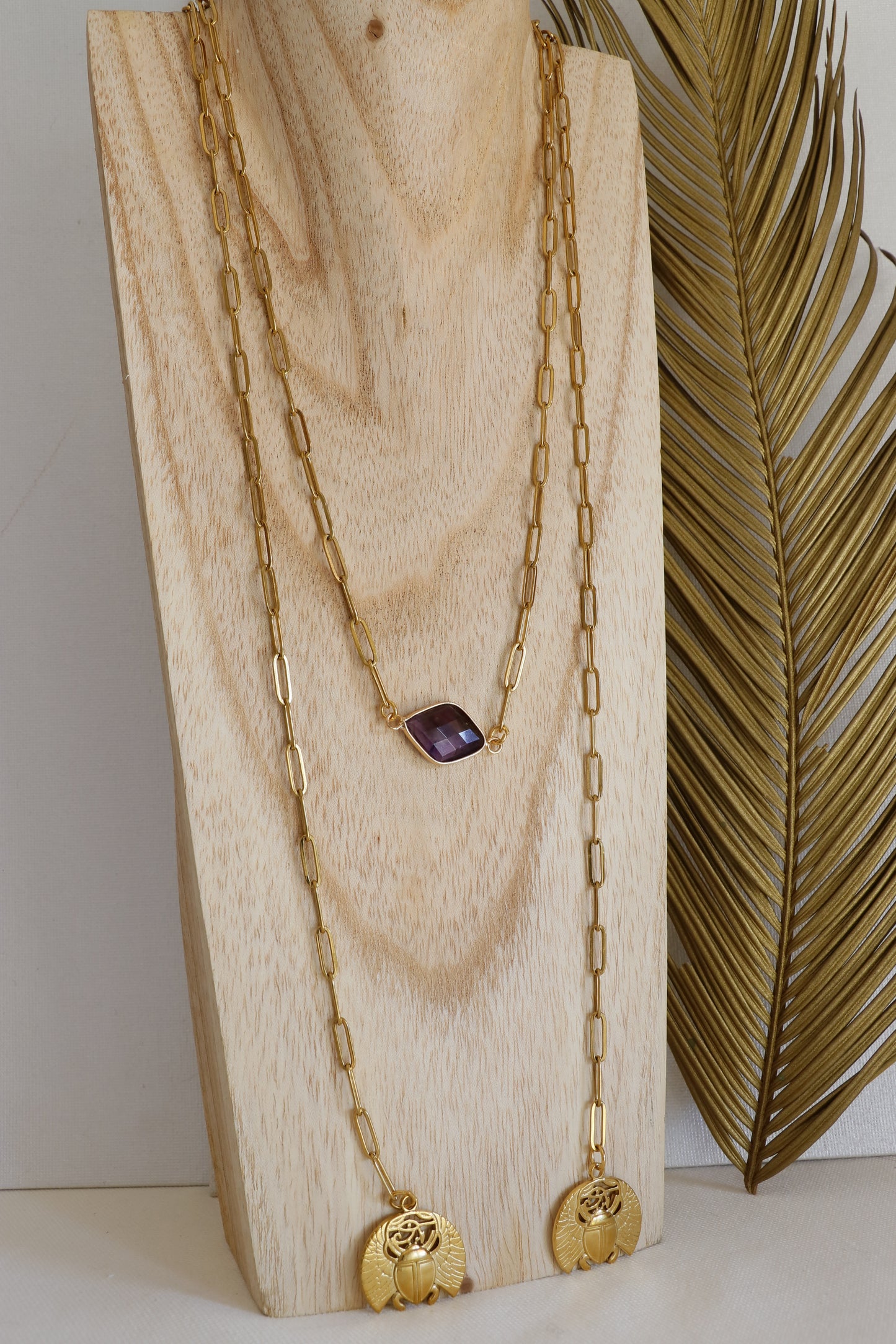Collier écharpe Mantra Apaisement & Clarté Mentale en Amethyste pendentifs scarabée