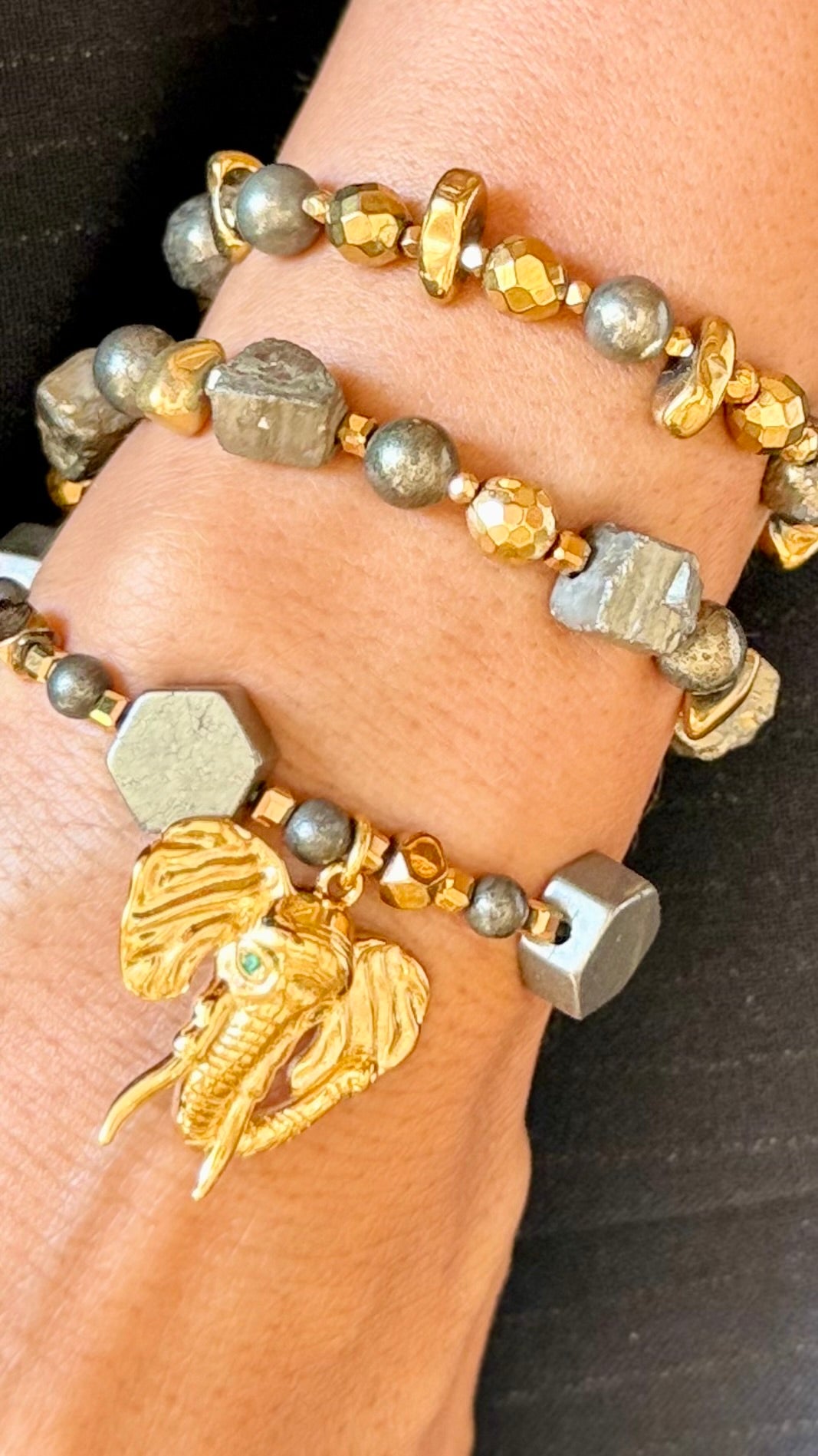LUMEN — Bracelet en Pyrite Pendentif Éléphant | Abondance & Opportunités