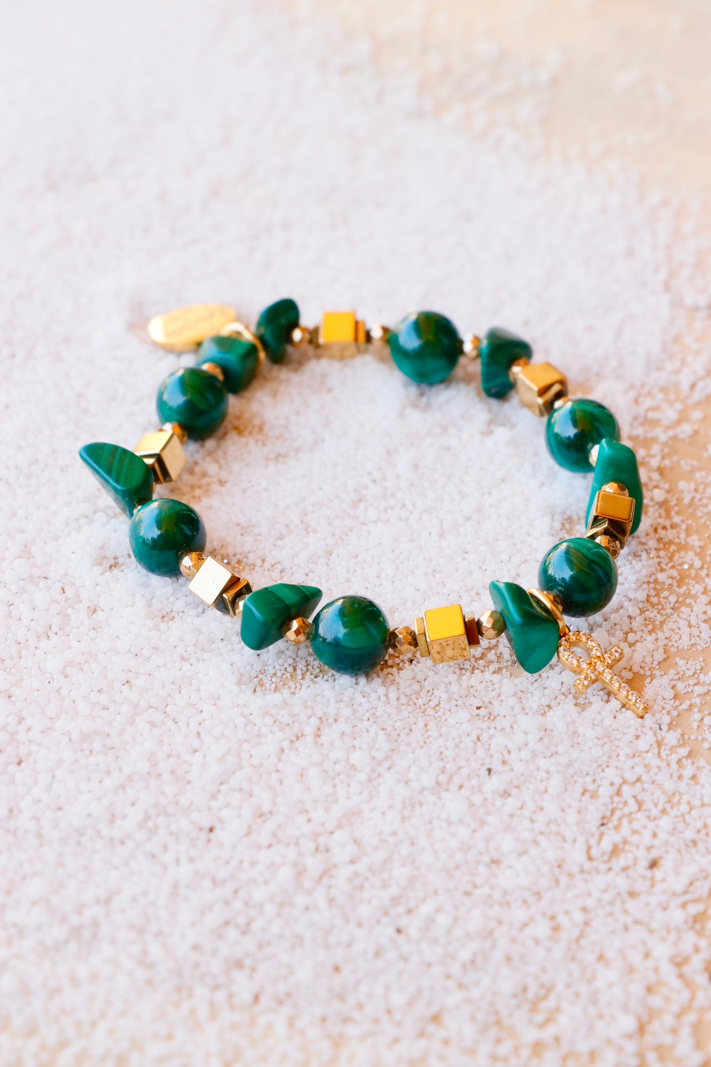 Bracelet PARIVARTANA en Malachite pendentif croix égyptienne – Transformation & Guérison du Corps