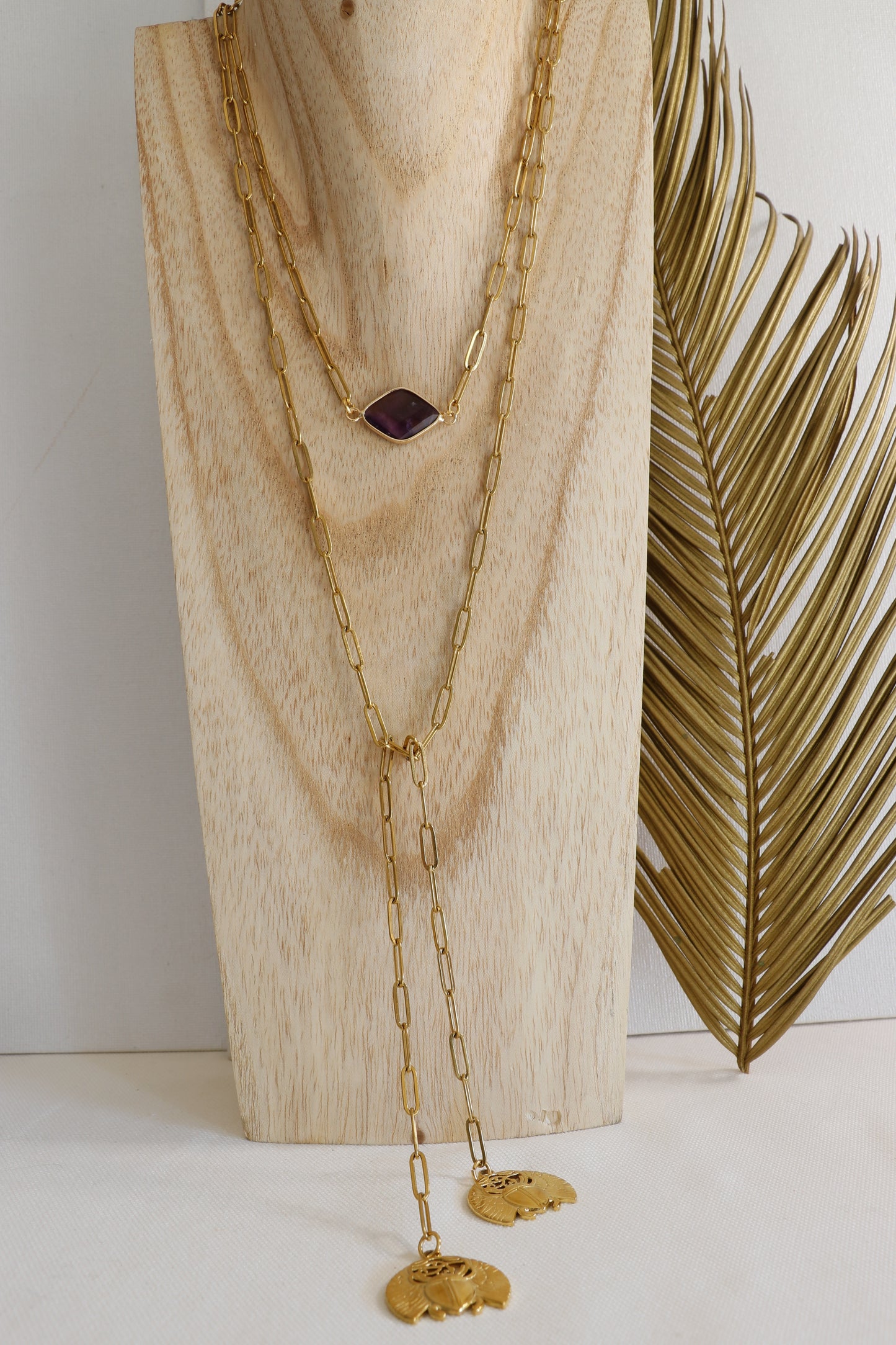 Collier écharpe Mantra Apaisement & Clarté Mentale en Amethyste pendentifs scarabée