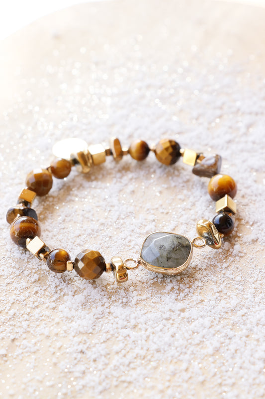 Bracelet VIRYA Confiance & Protection en Oeil de Tigre médaillon en labradorite