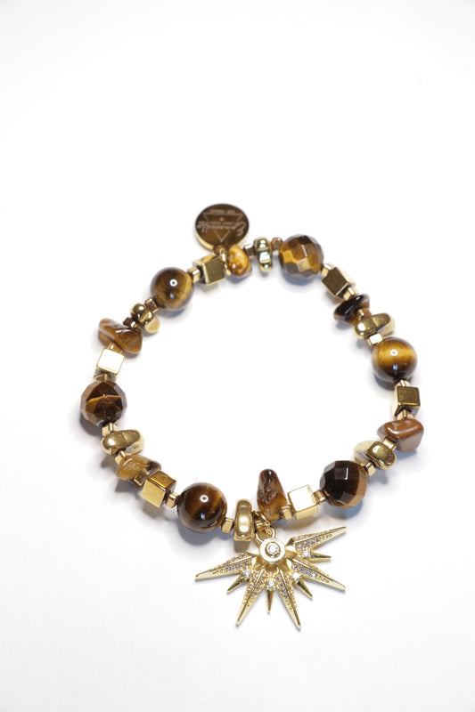 Bracelet VIRYA en Oeil de Tigre pendentif demi soleil