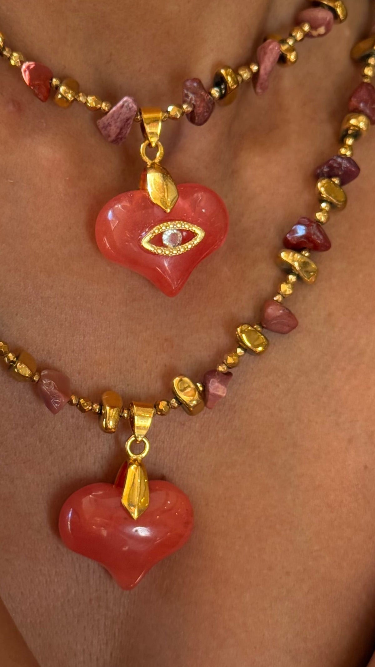 LOVE — Collier cœur oeil de protection en Quartz Fraise | Amour de soi