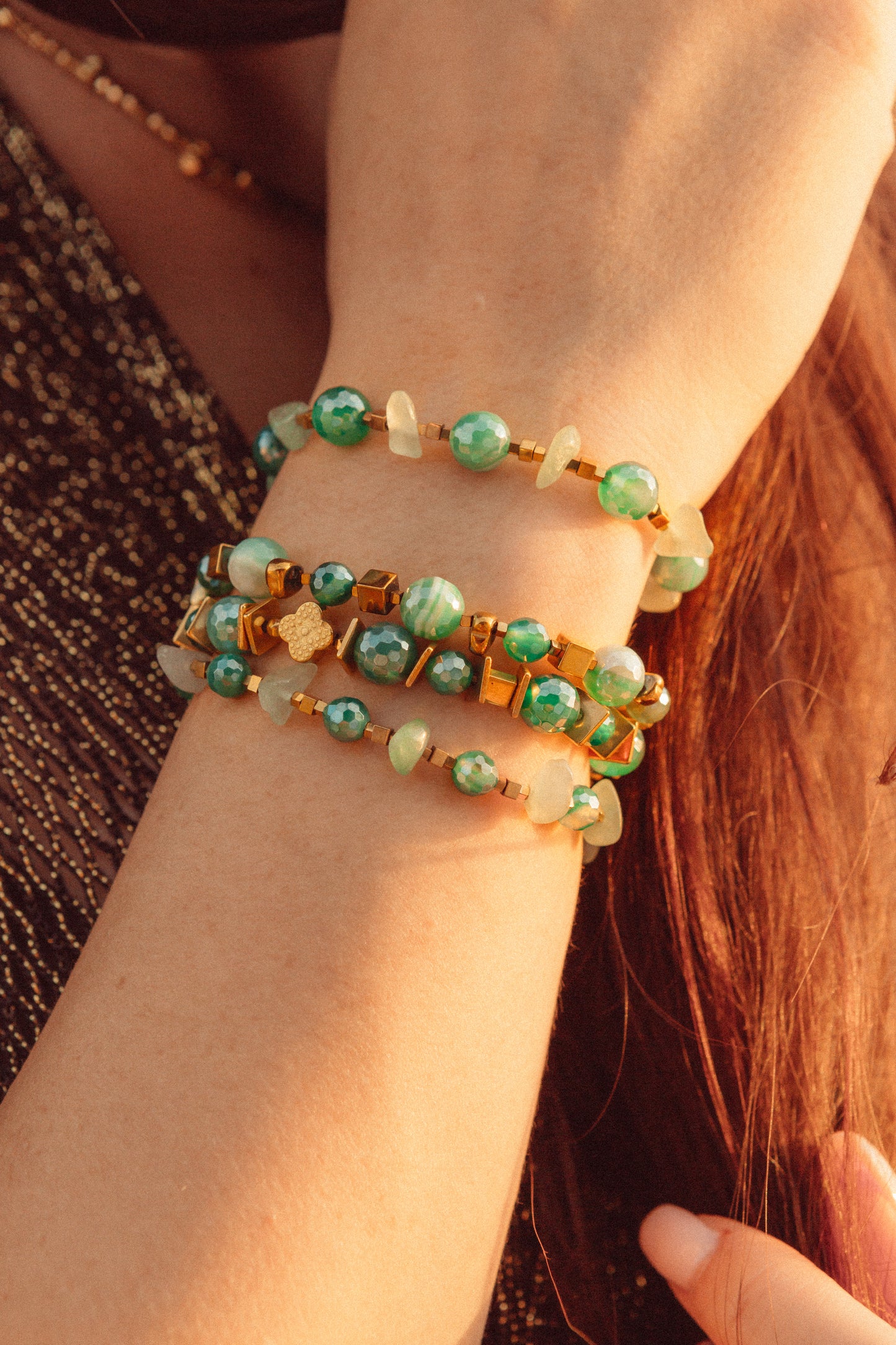 Bracelet SHANTI – Stabilité & Sérénité en Agate Émeraude et Aventurine pendentif Lotus