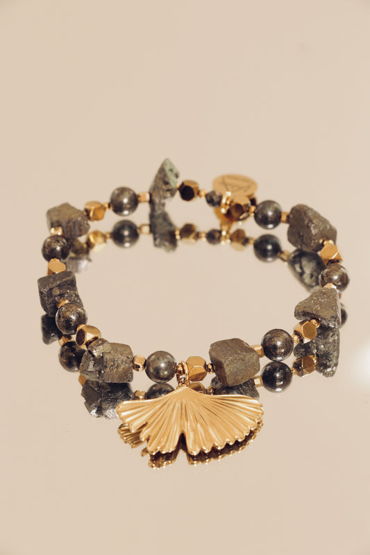 Bracelet VIBHUTI – Pendentif feuille Ginkgo - Force Intérieure & Rayonnement Personnel en Pyrite