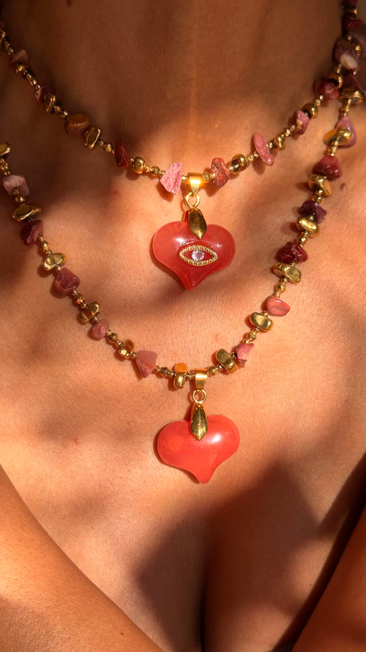 LOVE — Collier cœur oeil de protection en Quartz Fraise | Amour de soi