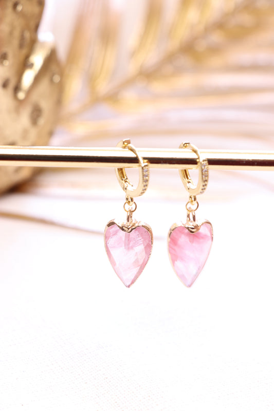Boucles d’Oreilles Cœur en Quartz Fraise — Emmanuelle Bijoux