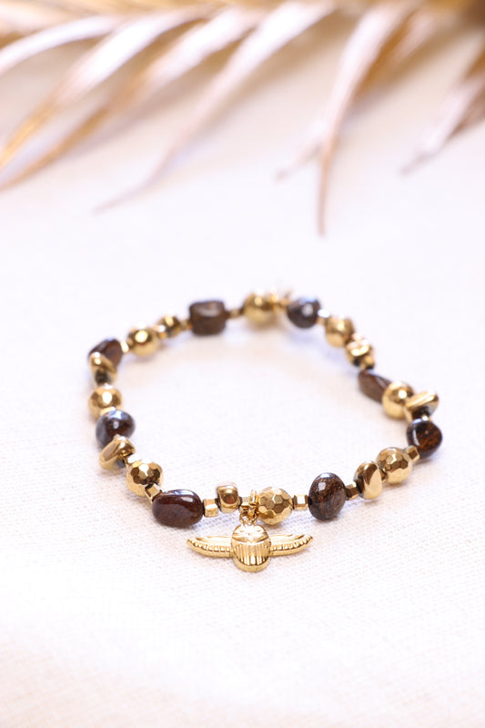 Bracelet en Bronzite avec Scarabée Ailes Ouvertes — Emmanuelle Bijoux