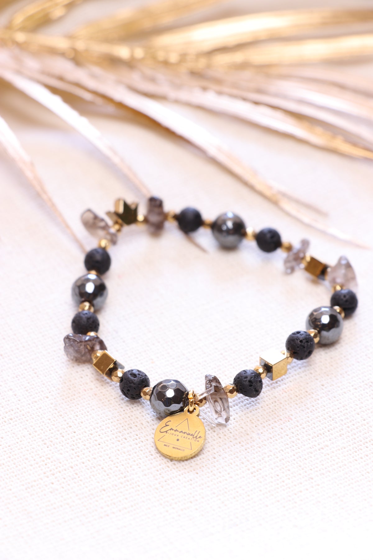 Bracelet en Hématite, Pyrite, Pierre de Lave et Quartz Fumé — Emmanuelle Bijoux